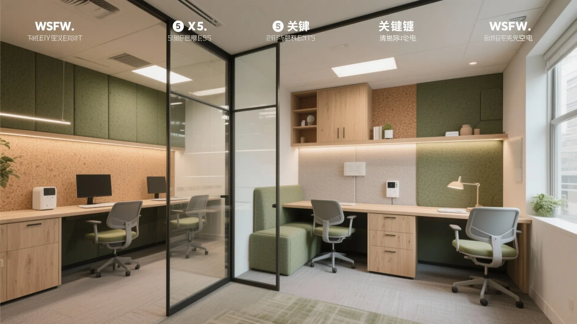 Modern office room layout with glass partition wall green panels wooden cabinets and swivel chairs