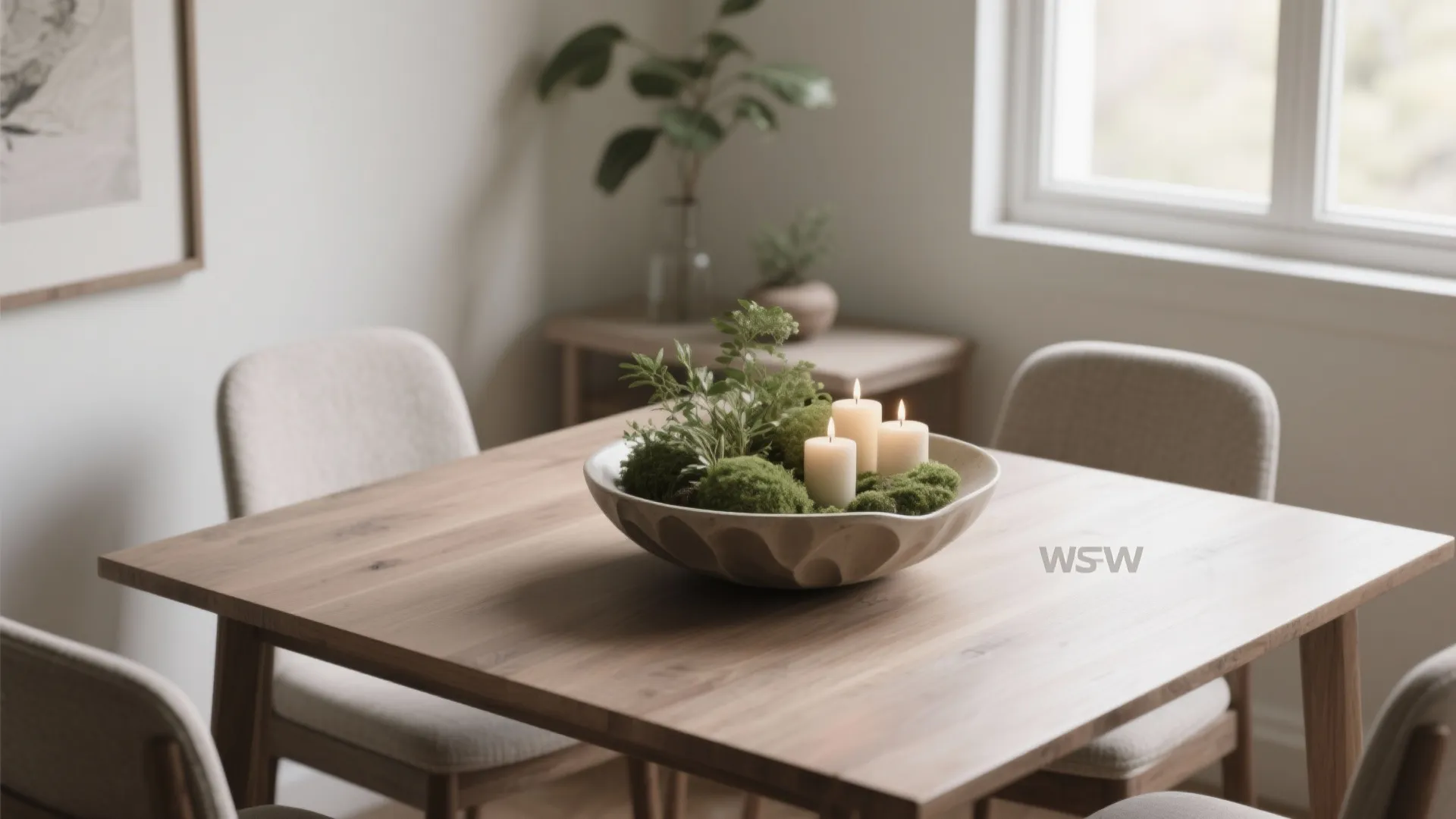 Wooden dining table with a decorative bowl of green moss and three lit white candles