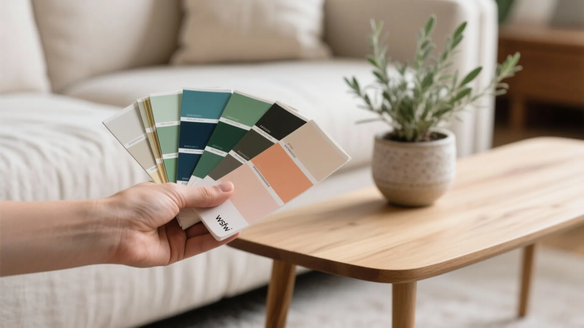 Hand holding colorful paint swatches over a wooden coffee table in a bright living room