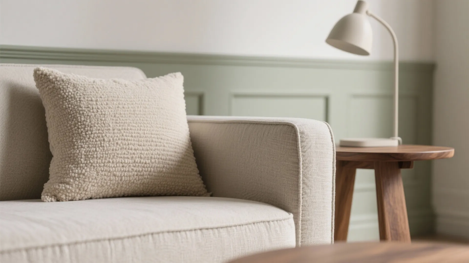 Macro vignette of linen, bouclé, walnut, and soft sage paint expressing calm minimalism.
