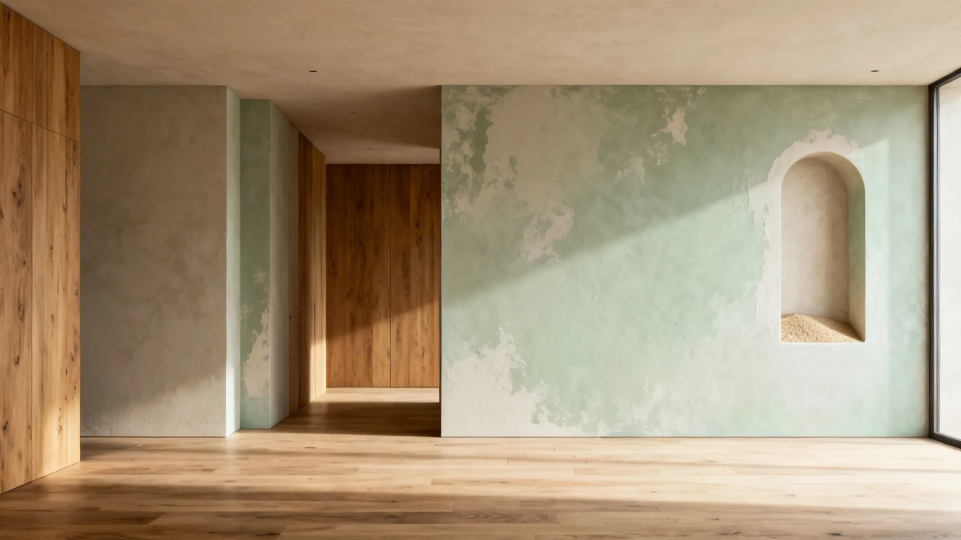Airy small living room showcasing limewash, polished plaster, and micro sand textures.