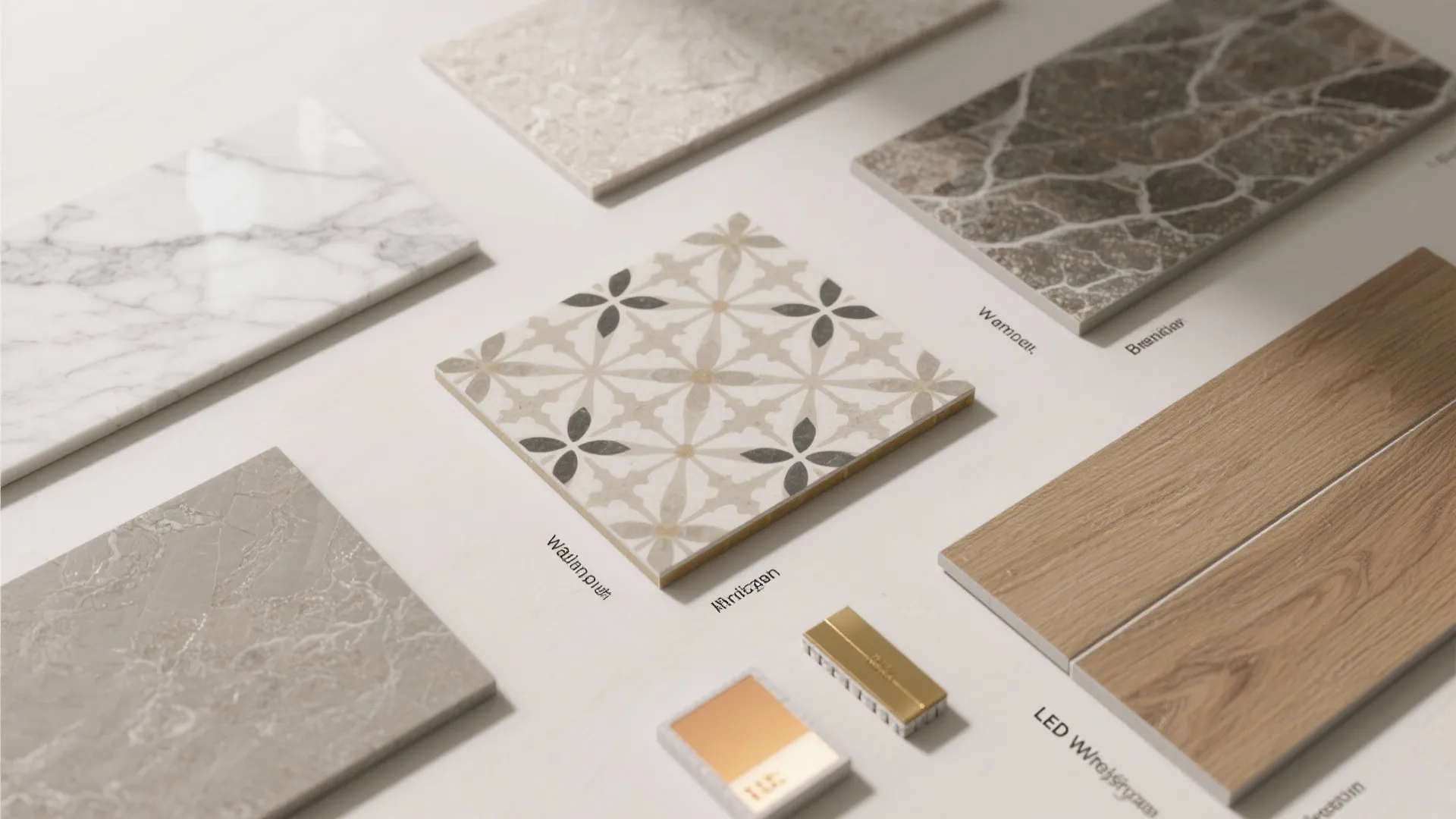 Flat lay comparing five pooja room tile options with brass and grout accents.