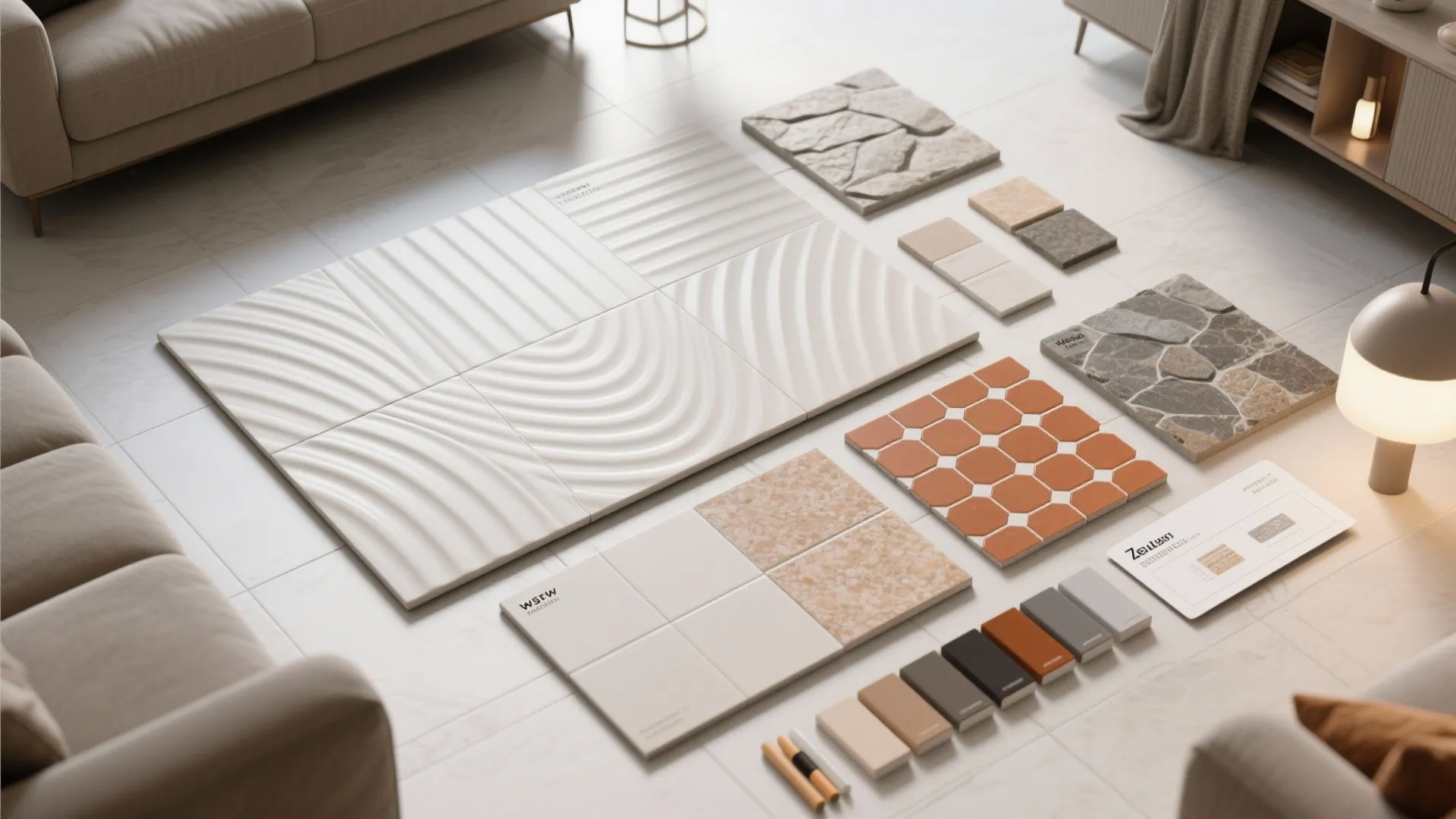 Various ceramic floor tiles with different colors and textures displayed on white floor near a sofa