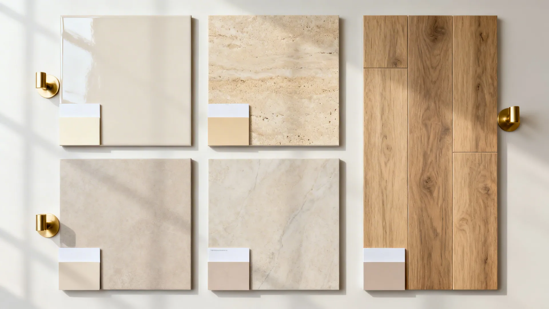 Top view of various beige stone wall tiles and wood floor samples for interior design material