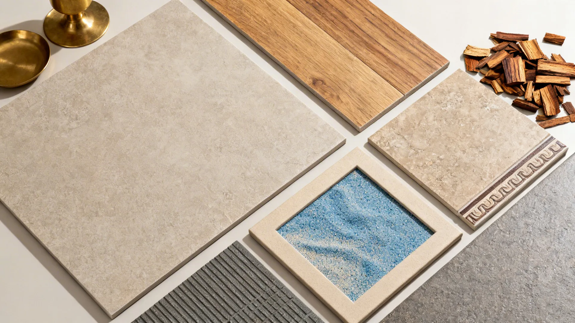 Flat lay of large-format, wood-look, stone-look with skirting, patterned swatch, and grip tile pair.