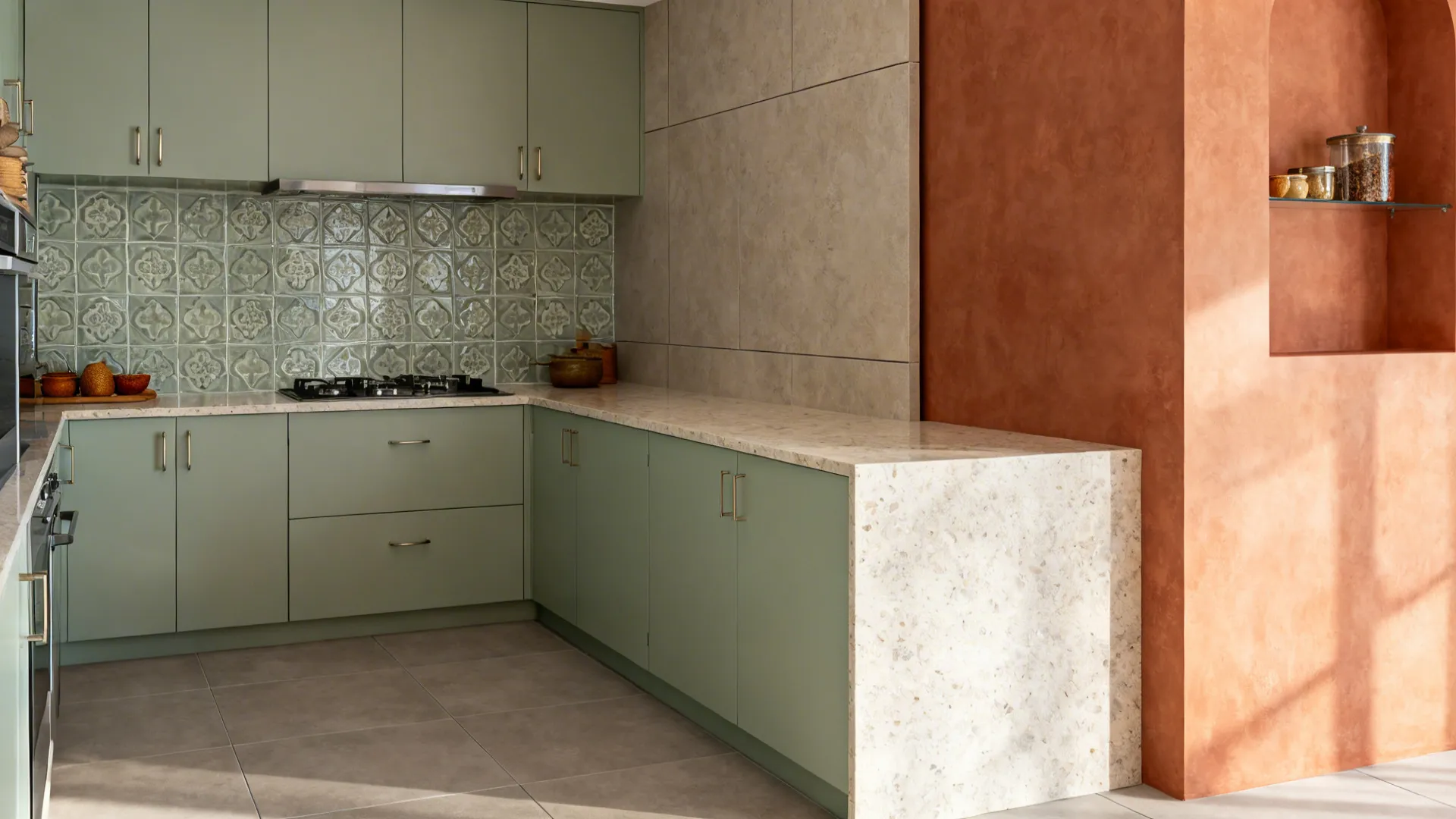 Compact kitchen vignette combining matte porcelain, glazed pattern, large-format, terracotta, and quartz.
