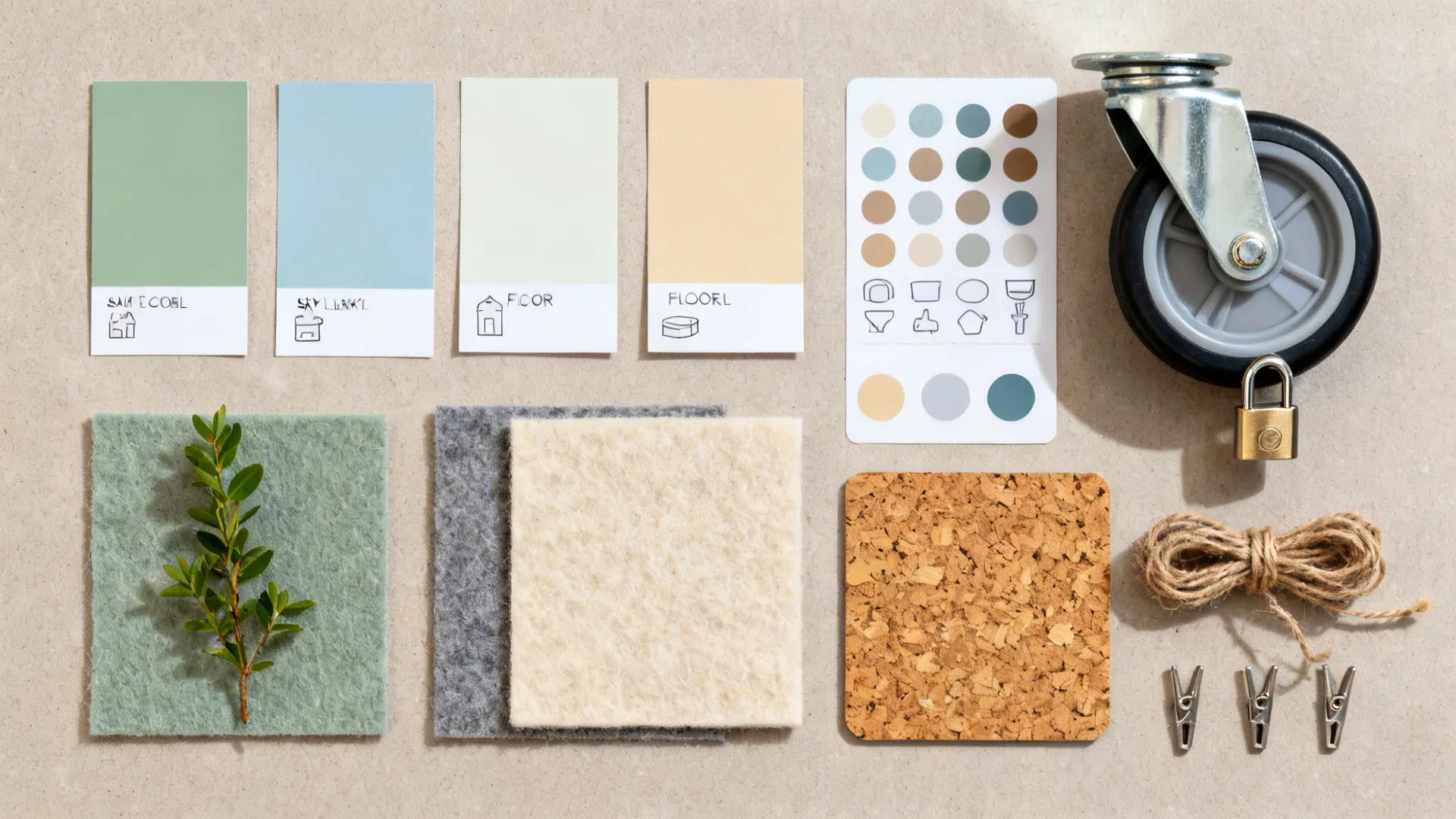 Flat lay of preschool decor essentials: paint chips, labels, floor dots, caster, felt, cork, clips.