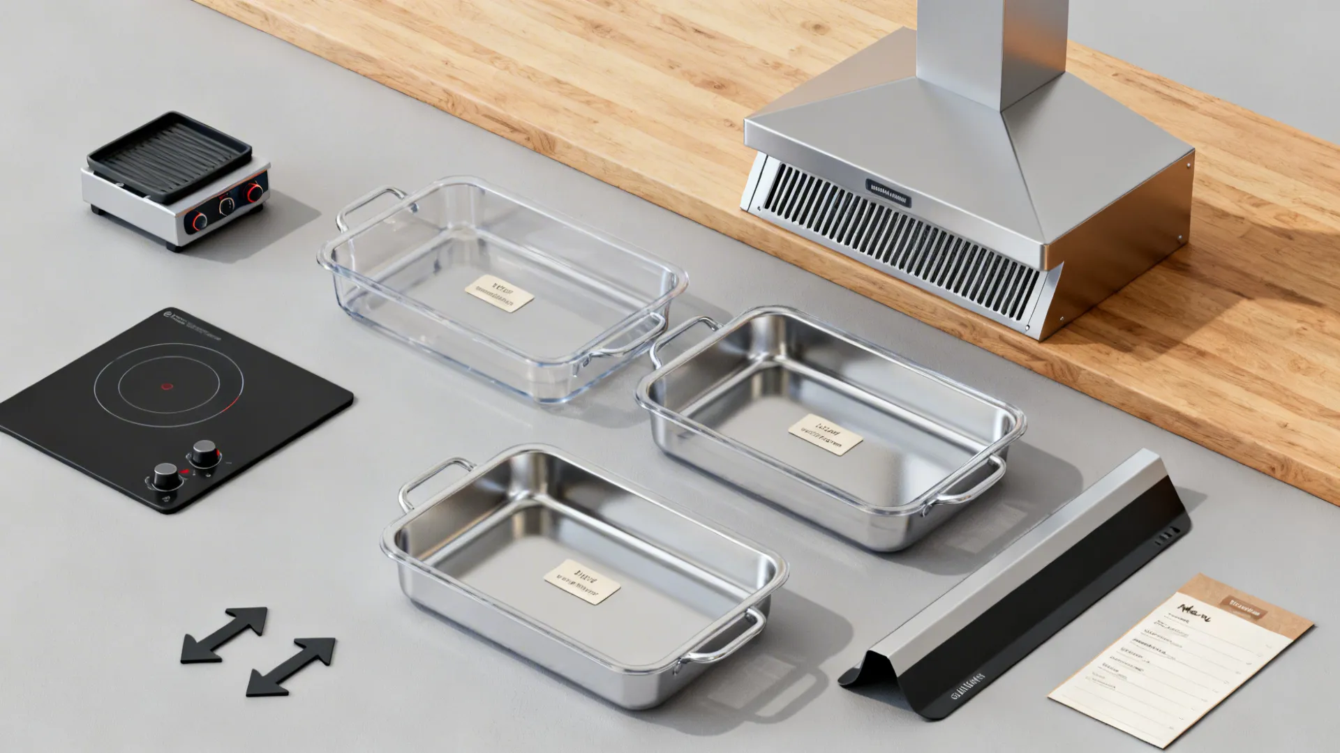 Flat lay of compact kitchen essentials: small plancha, induction, GN pans, hood filter, and flow markers.