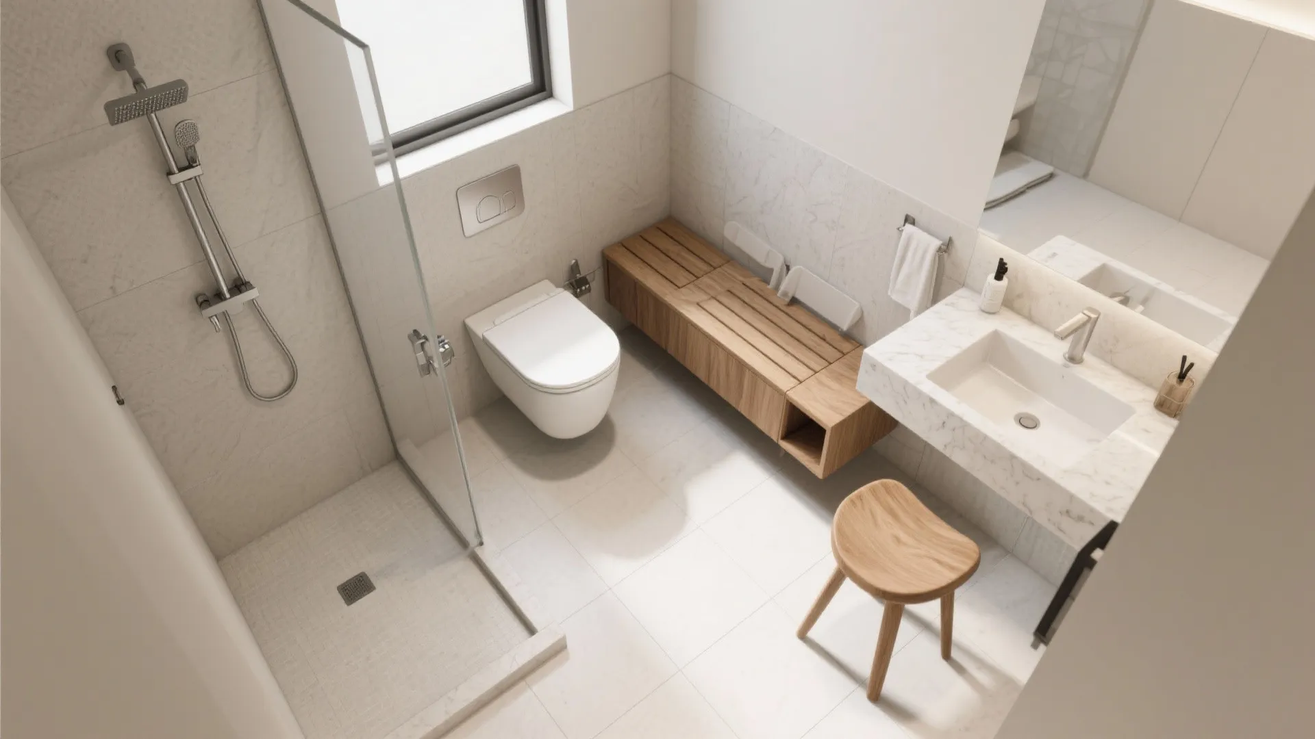 Modern bathroom with a white toilet wooden bench marble sink glass shower and small wooden stool