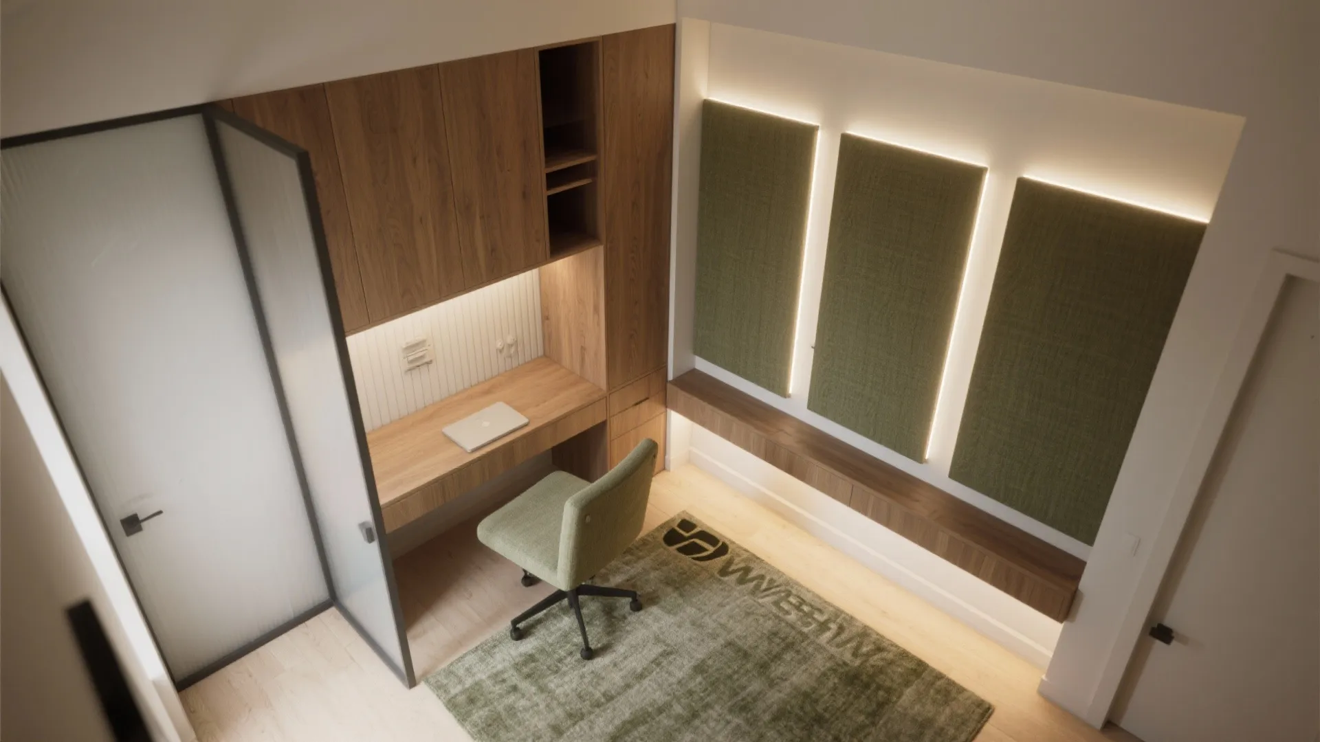 Interior design drawing of small office with wooden desk, green chair, rug, and wall panels