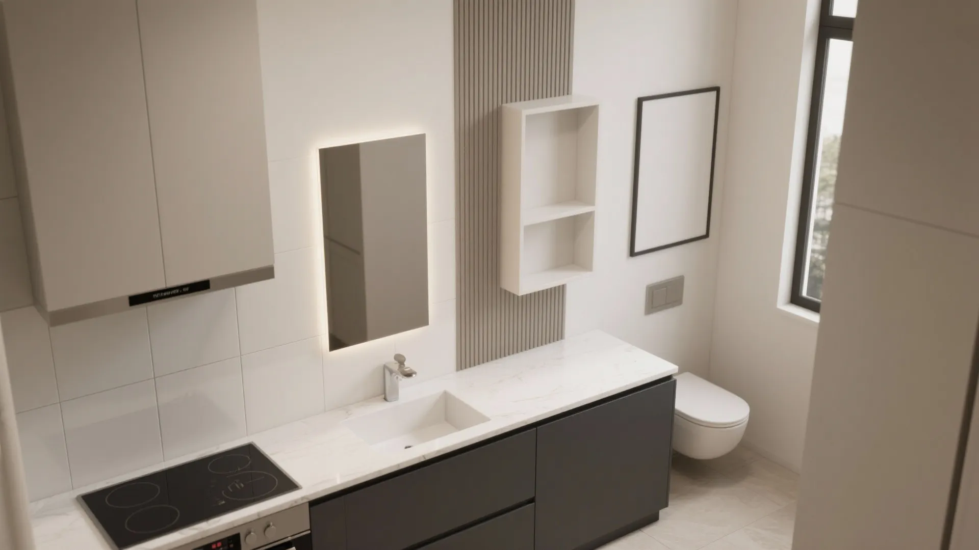 Top down view of modern studio apartment with black cabinet white sink toilet and wall mirror