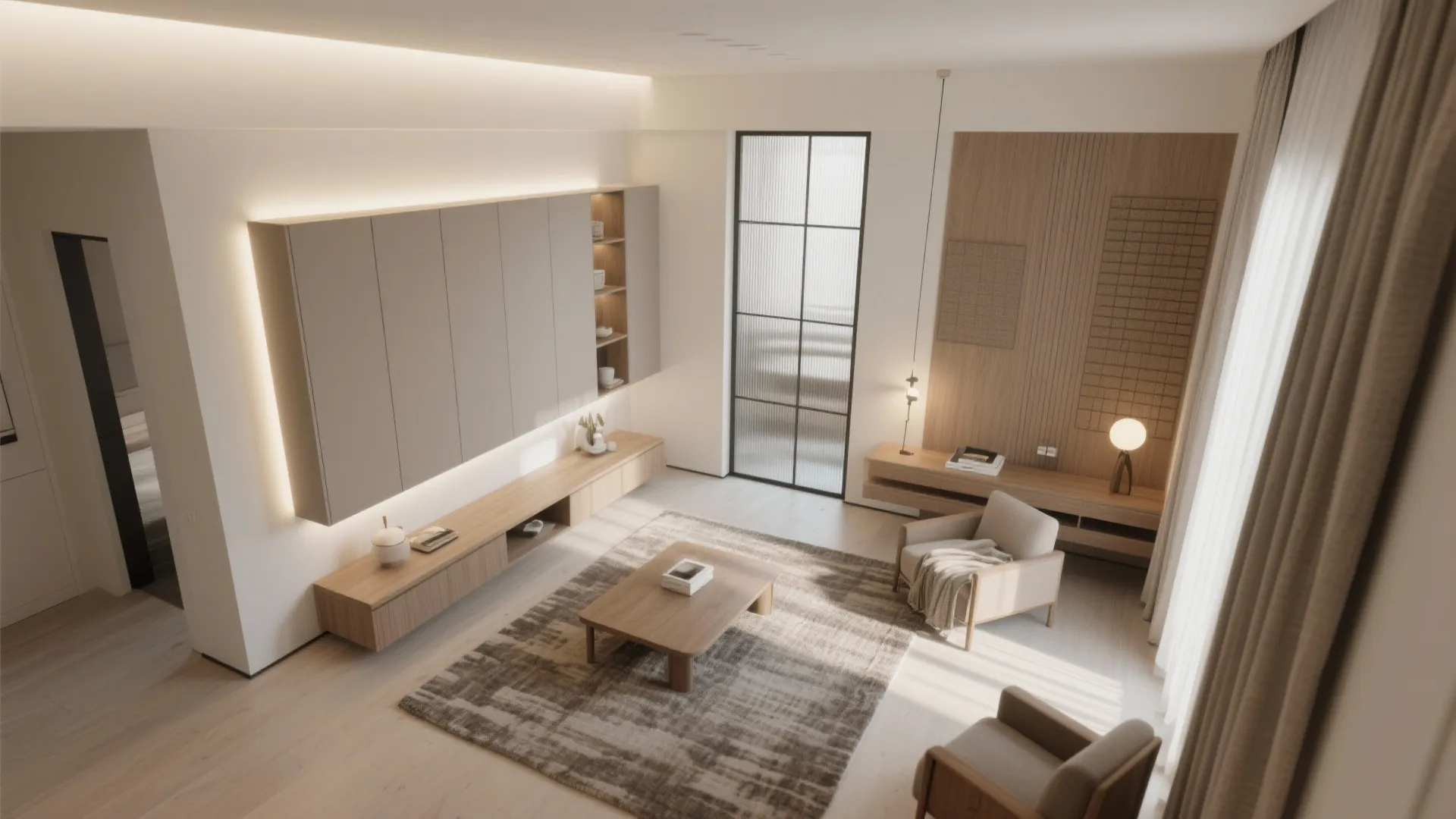 Modern living room with wood furniture grey armchairs and soft light fixture in warm tones