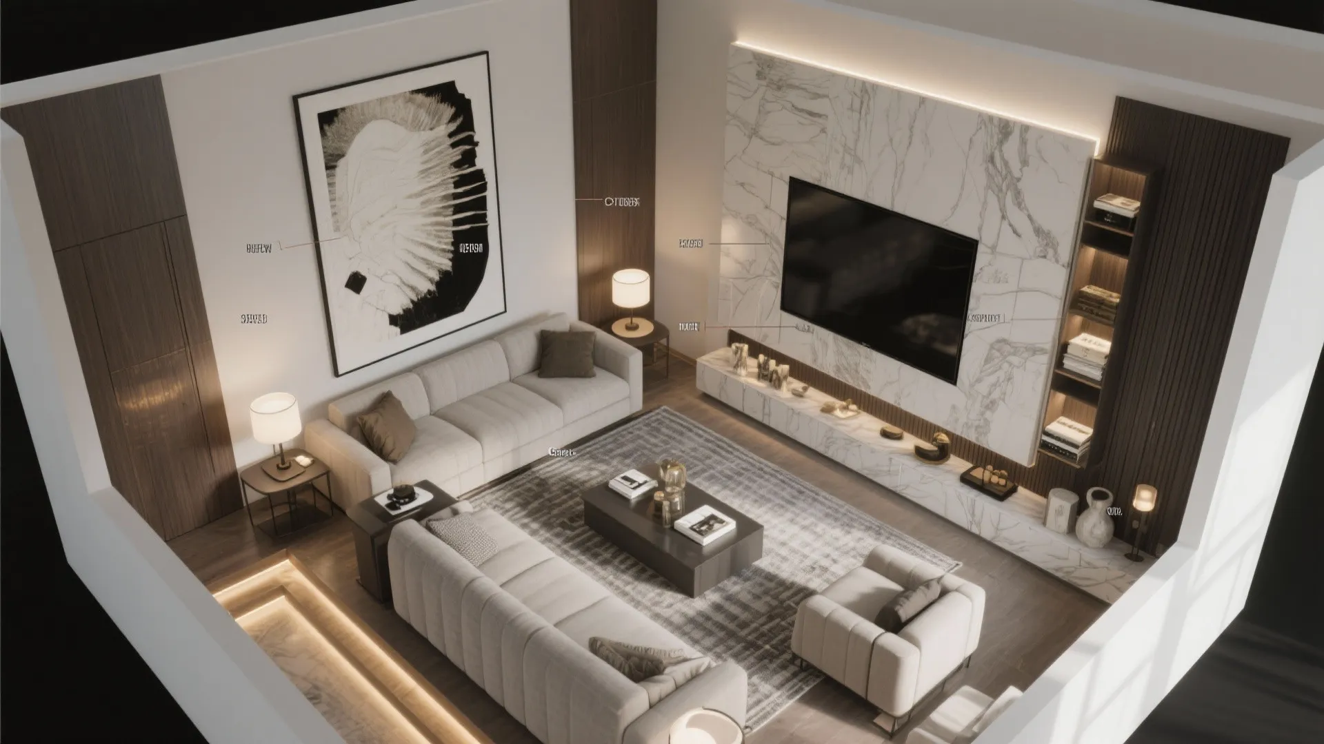 Top down interior design drawing of living room with sofas television marble wall and wall panel