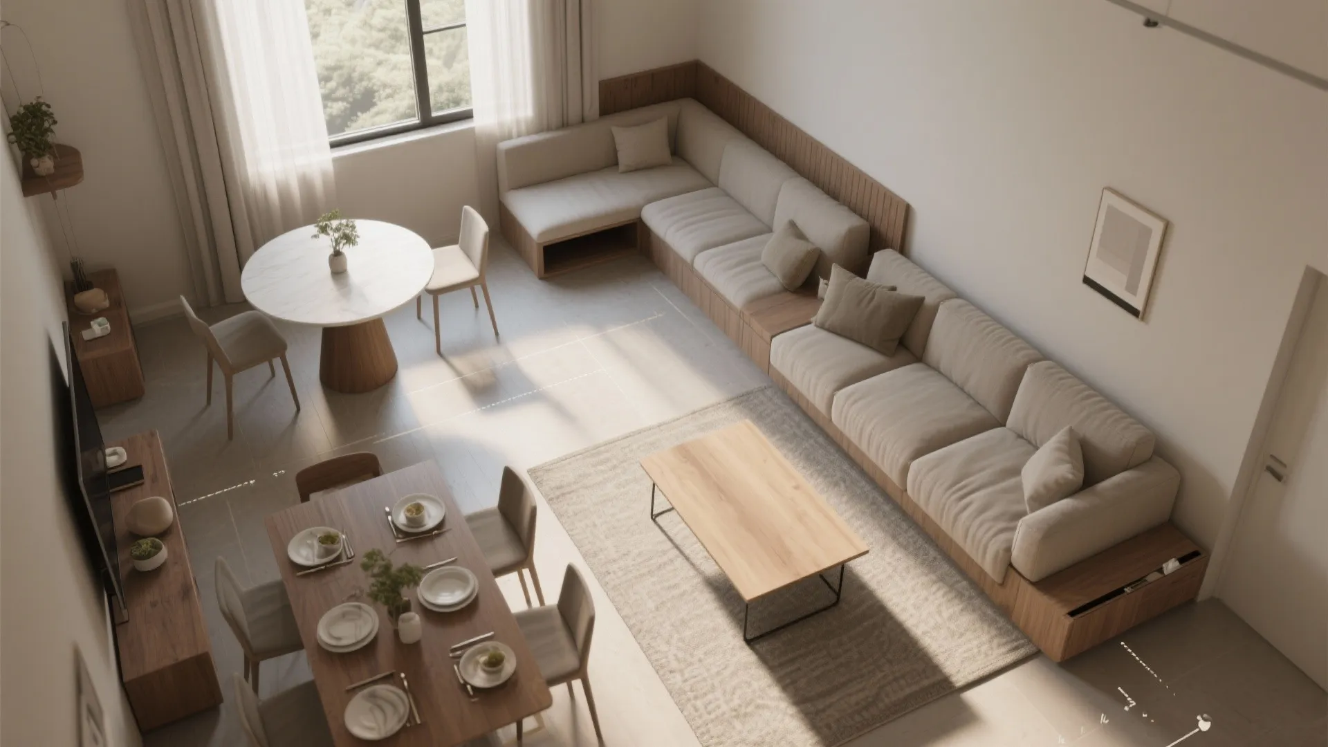 Modern open plan living room with large beige sofa wooden dining table and natural sunlight