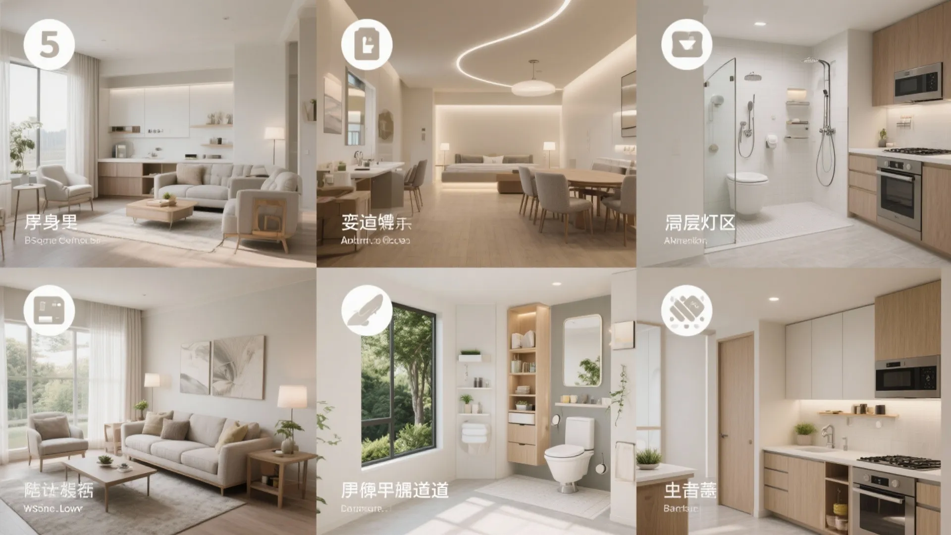 Modern home interior design collection with cozy living rooms, bright kitchens, and clean white bathrooms