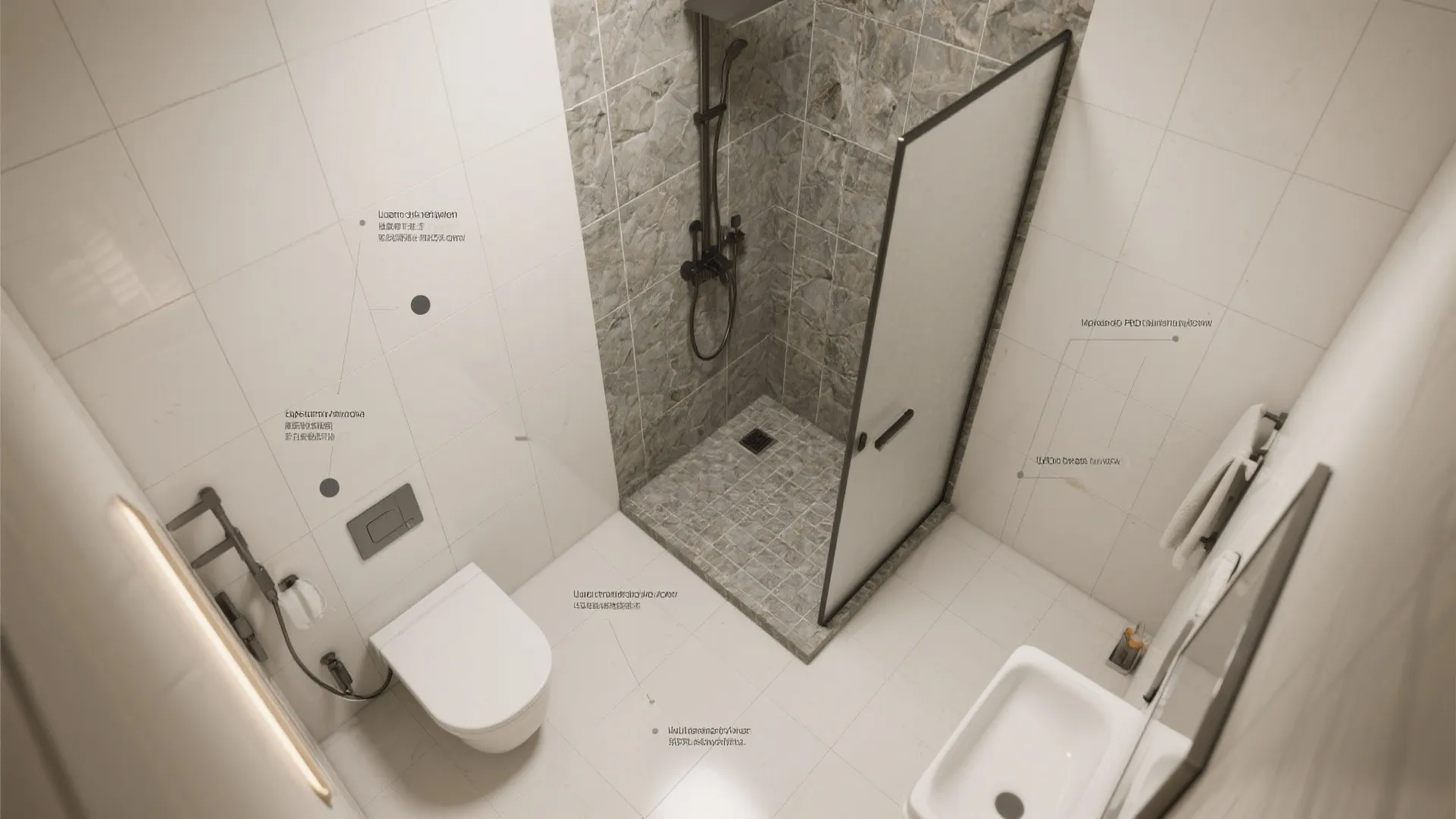 Top down interior design drawing of a bathroom with glass shower toilet sink and labels