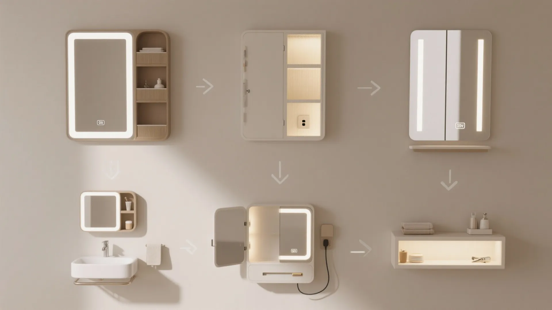 Top-down visual roadmap of five small bathroom mirror storage strategies on a neutral surface.