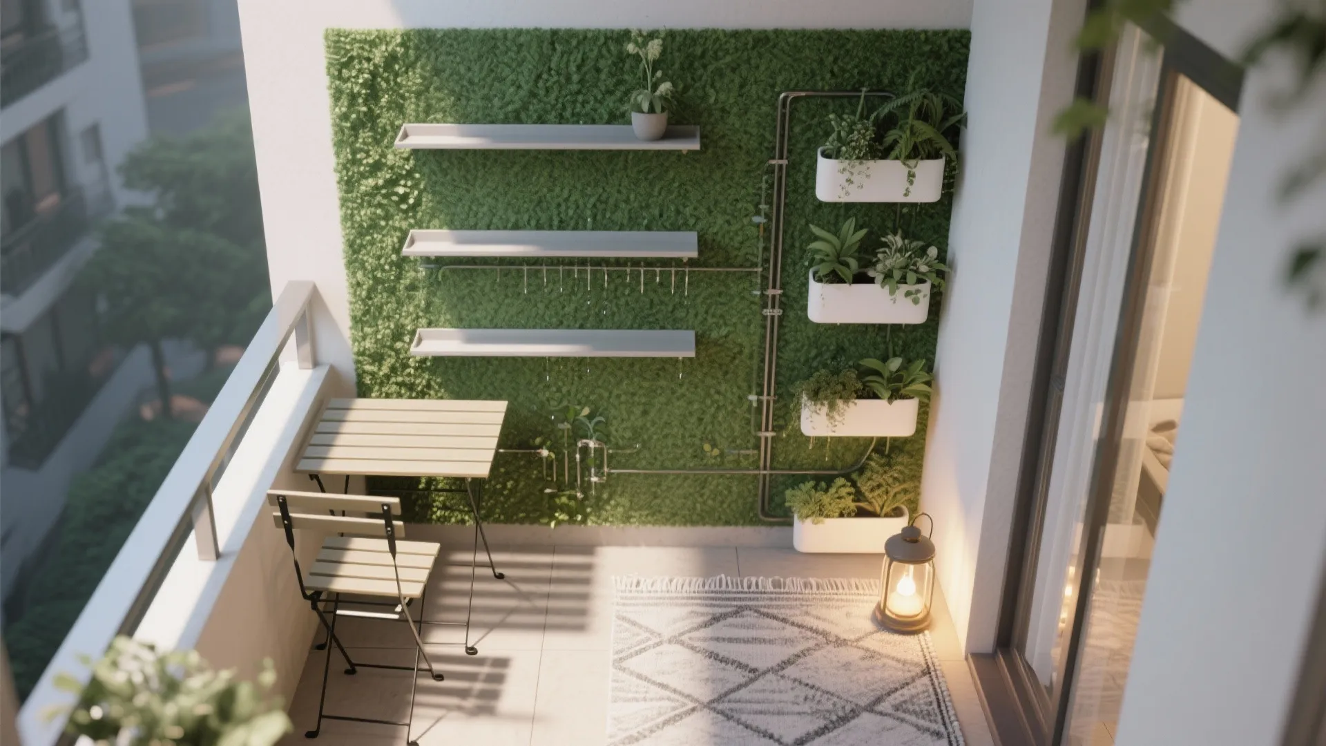 Small balcony with green wall white shelves hanging plant containers wooden table and folding chair
