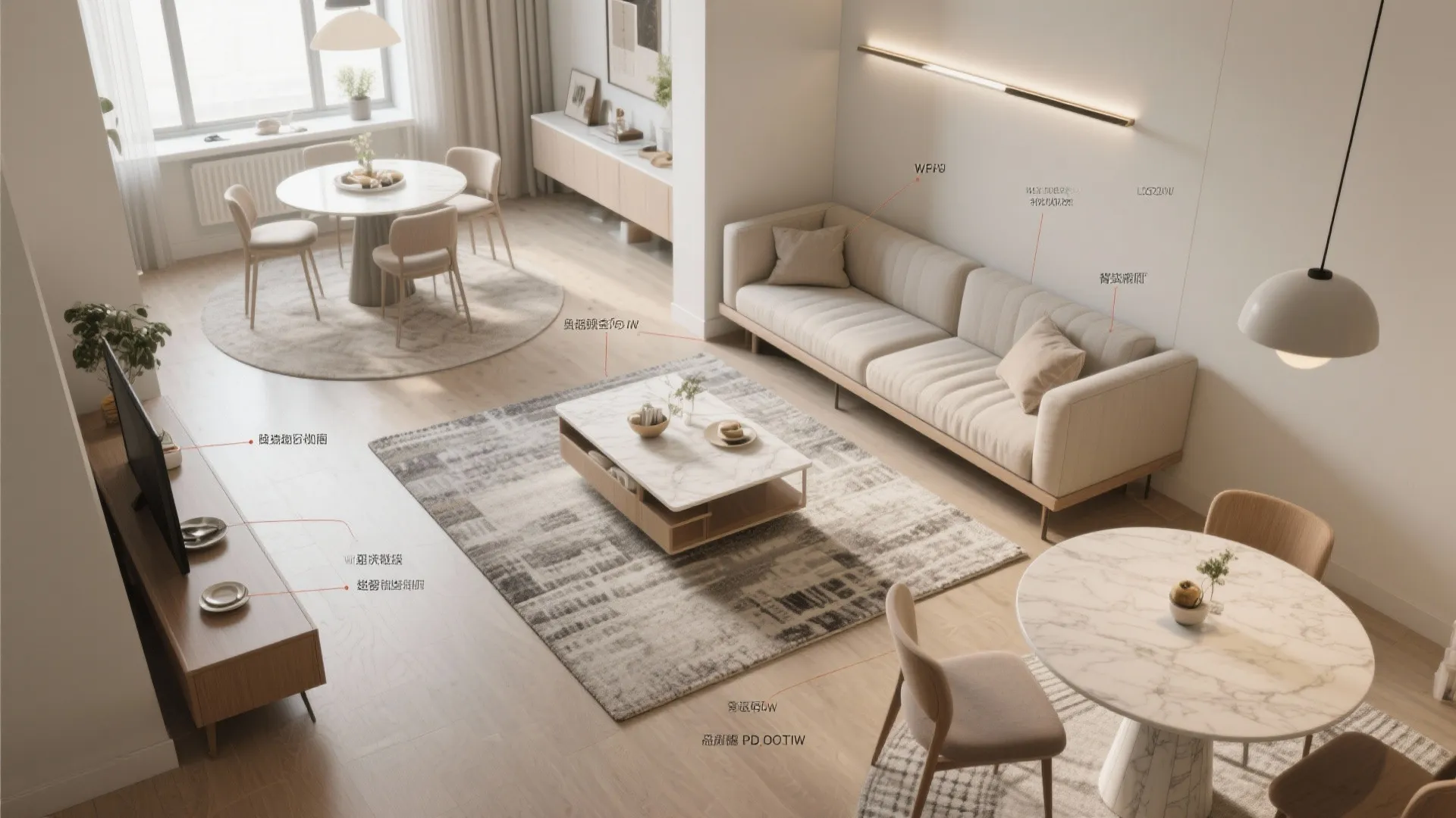 Living room interior design drawing showing a sofa marble table area rug and light fixtures