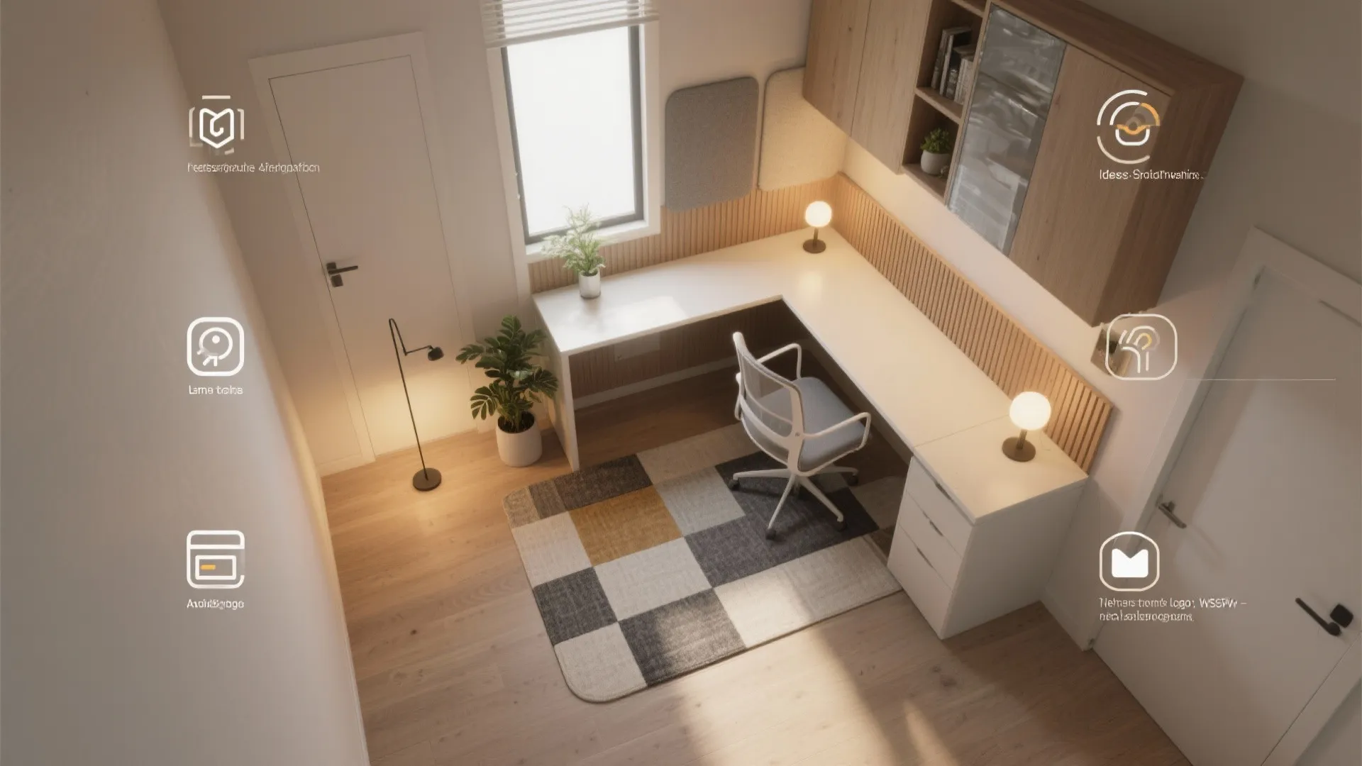 Top down interior design drawing of small study room with white desk chair and wall cabinet