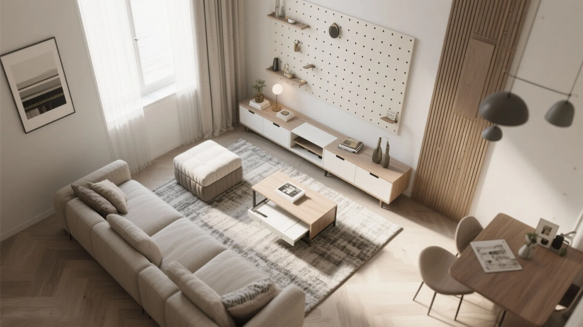 Top view of a modern living room with beige sofa, wooden coffee table, and white cabinet