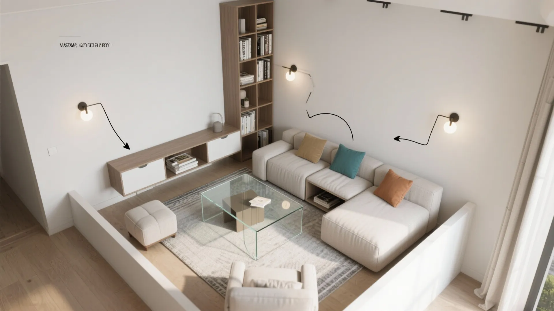 Top-down storyboard showing storage, glass table, modular seating, vertical lighting, and rug zoning.