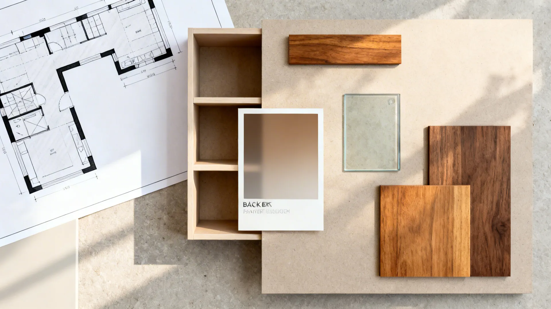 Top-down collage of L-shaped plan, open shelves, glass swatch, and wood accents on a neutral board.