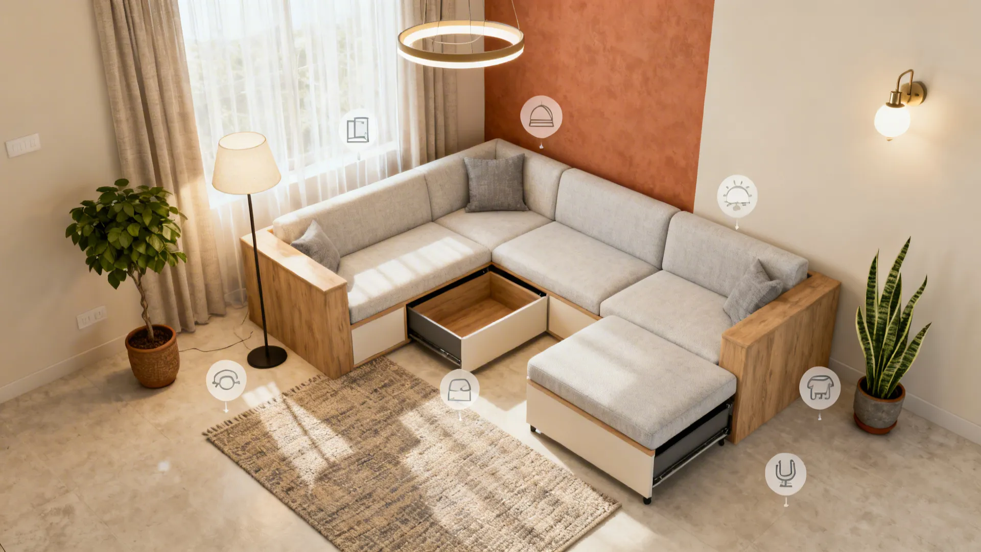 Top-down scene showing neutral palette, L-shaped seating, layered lights, accent wall, rug, curtains, and plants.