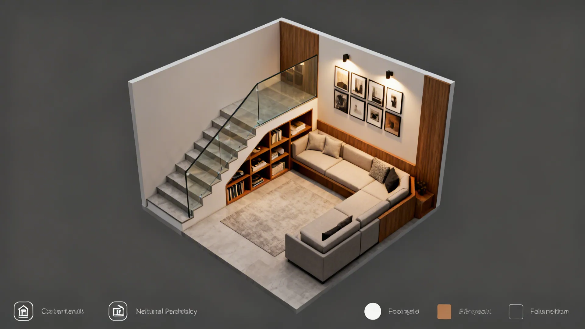 Top-down overview highlighting storage, glass rail, L-shaped seating, wood accents, and a gallery wall