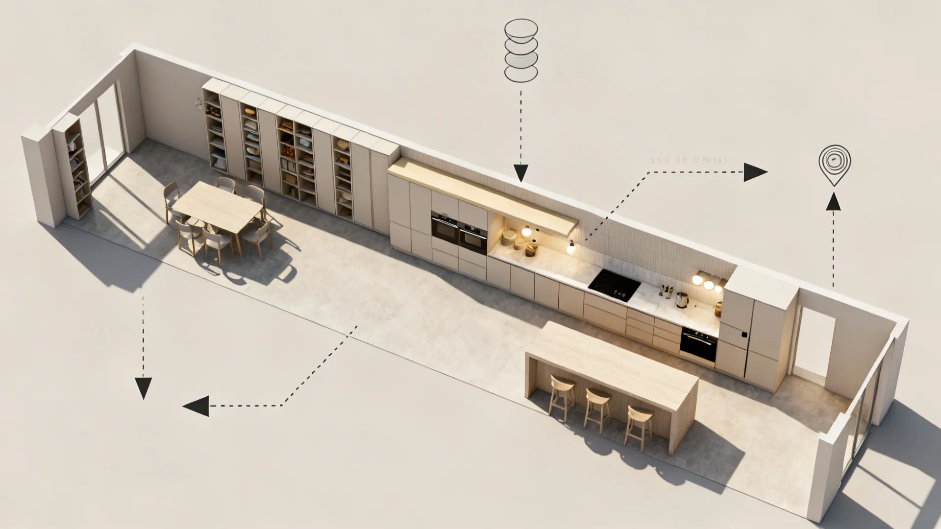 Top-down summary showing slim storage, dining ledge, peninsula, lighting layers, and compact zones.