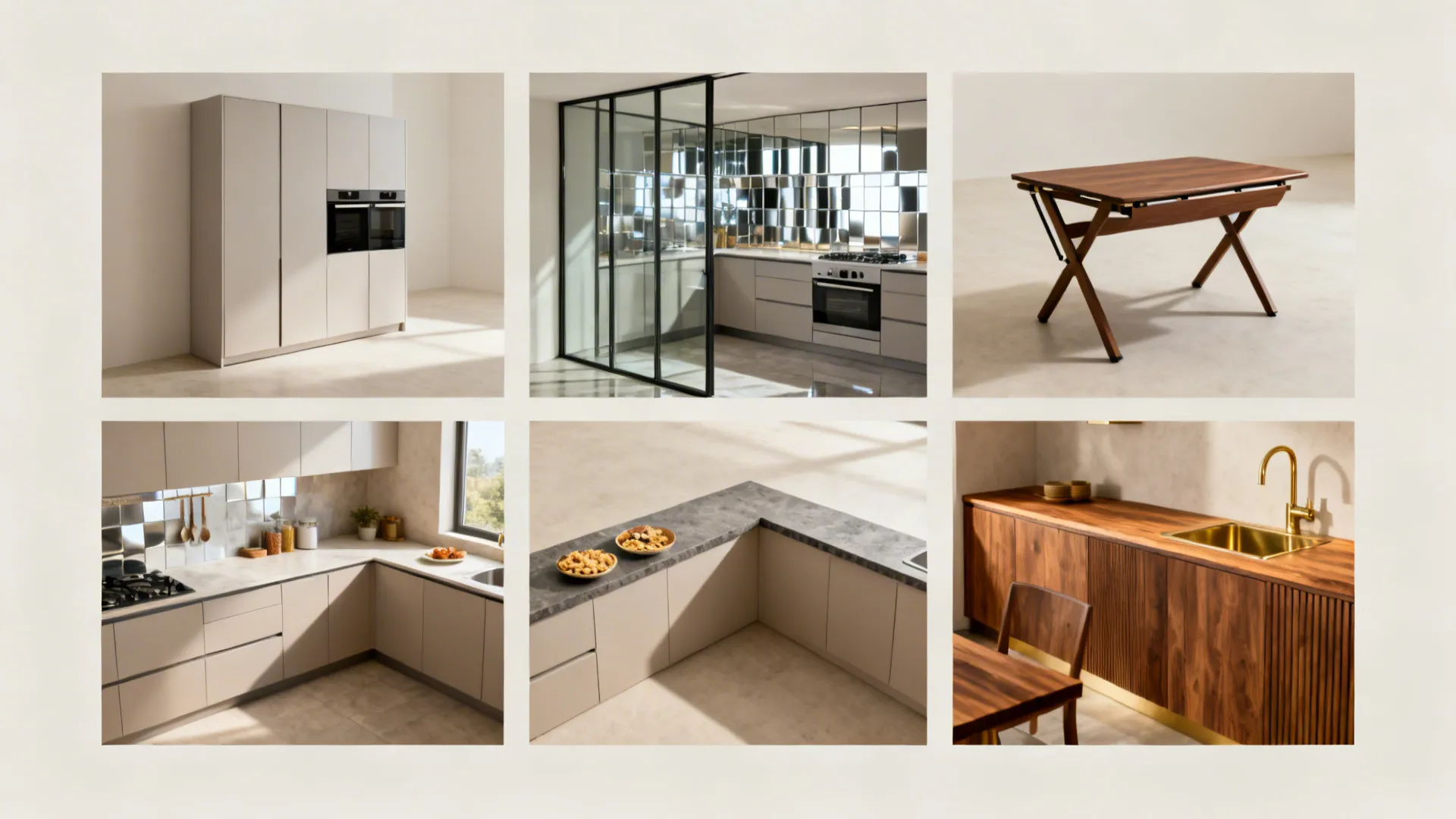 Top-down collage of storage, glass, fold-away dining, L-shaped flow, and warm material accents.