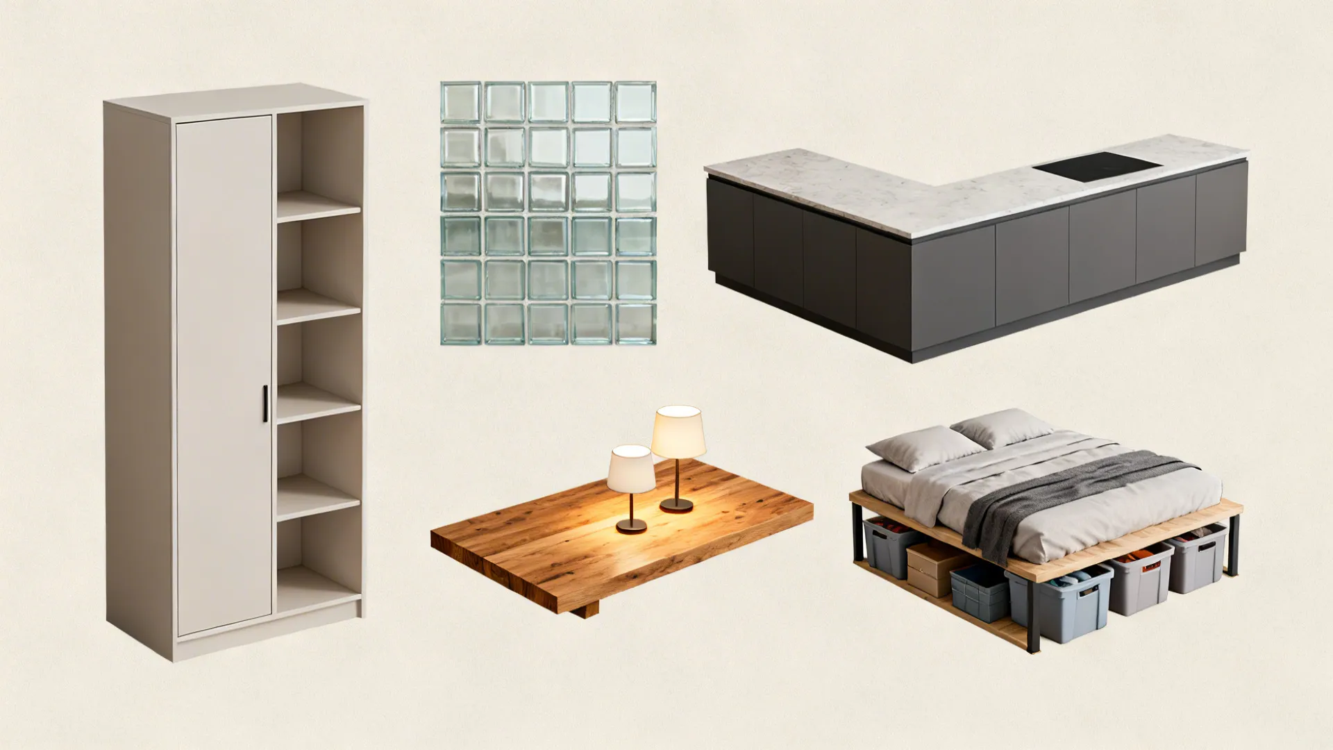 Top-down collage of tall cabinet, glass sample, L-shaped counter, oak with lamp, and bed bins.