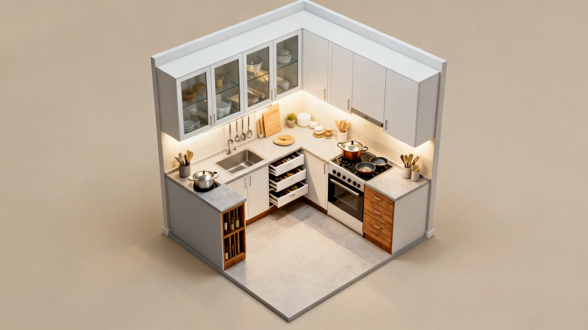 Top-down summary plan of a compact kitchen highlighting five storage ideas and finishes.