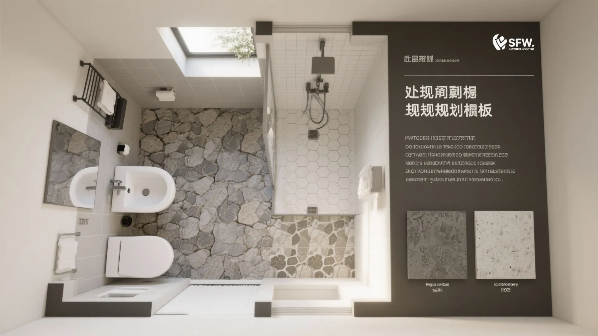 Top down bathroom layout with stone floor white toilet sink shower area and material samples