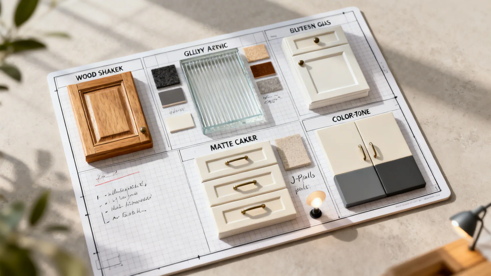 Top-down planning board with swatches and mini cabinet fronts for five small-kitchen shutter ideas.