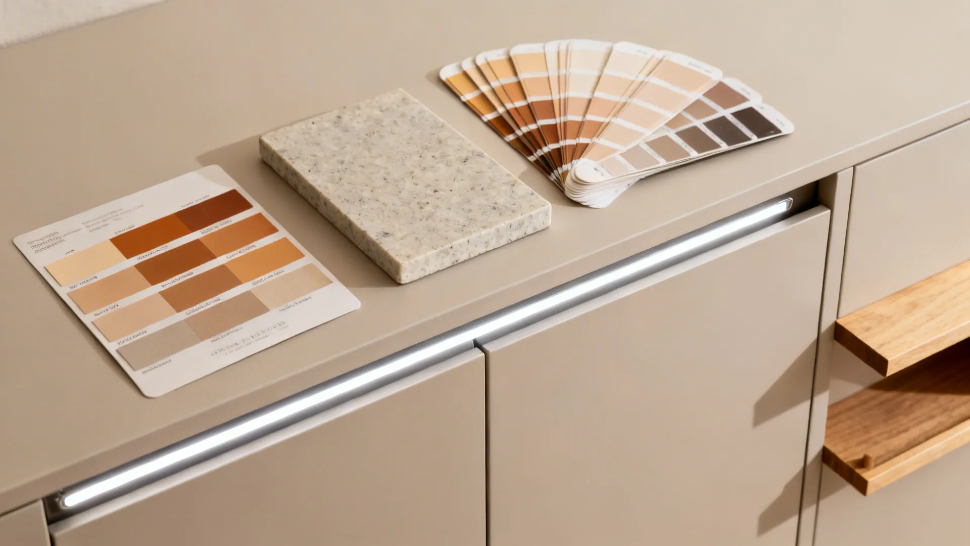 Top-down arrangement of neutral palette cards, honed stone, handleless edge, LED strip, and wood sample.