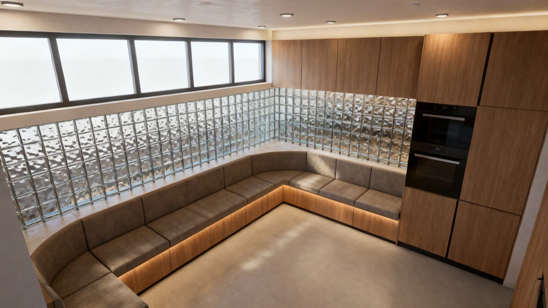 Top-down overview summarizing L-shaped flow, minimalist storage, glass, warm wood, flexible seating, and layered lighting.
