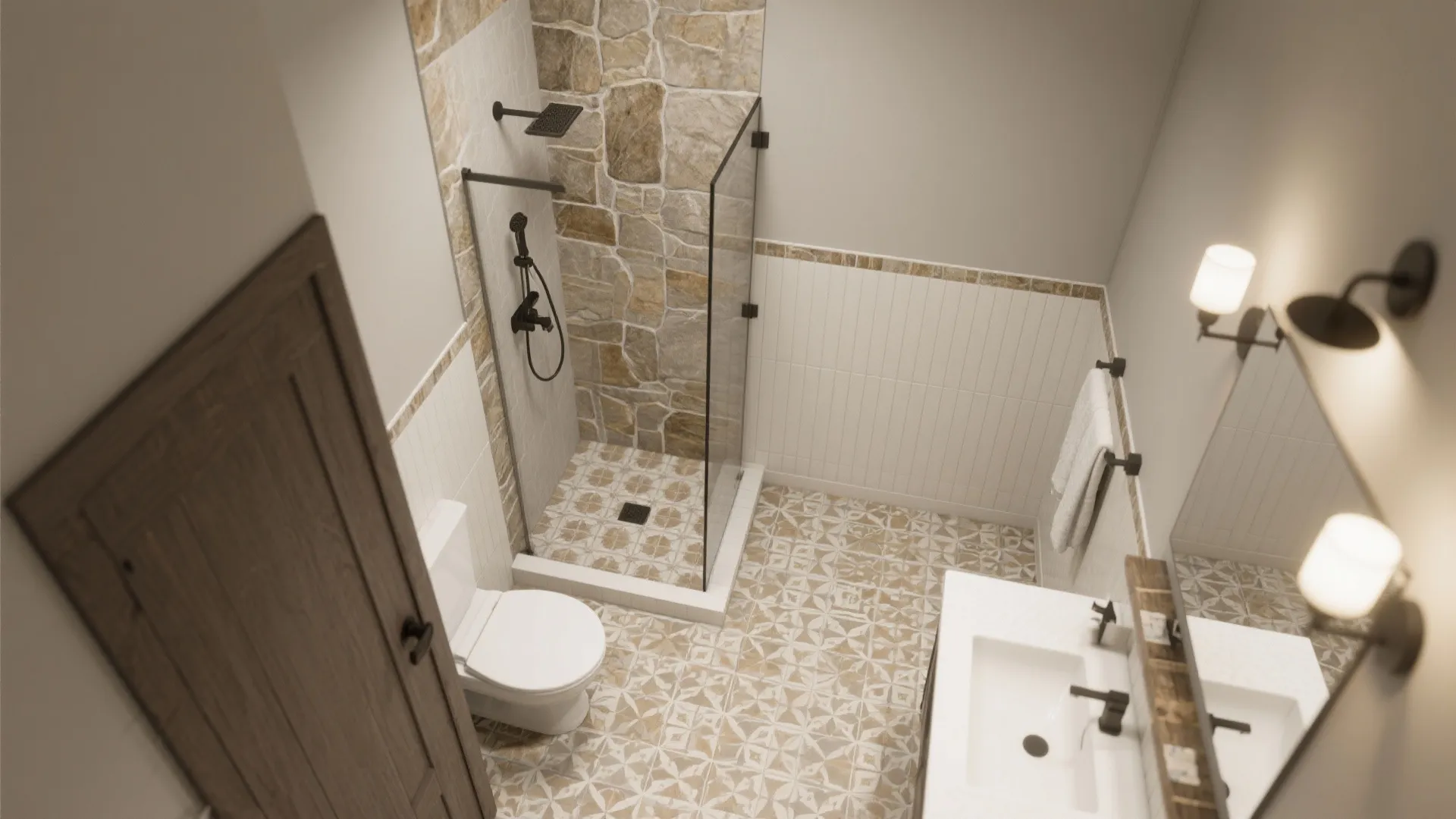 Top-down plan summarizing tile strategies: large-format walls, vertical subway shower, patterned floor, warm stone accents.