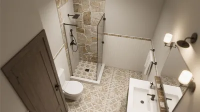 Rustic Modern Bathroom with Stone Shower & Patterned Tiles