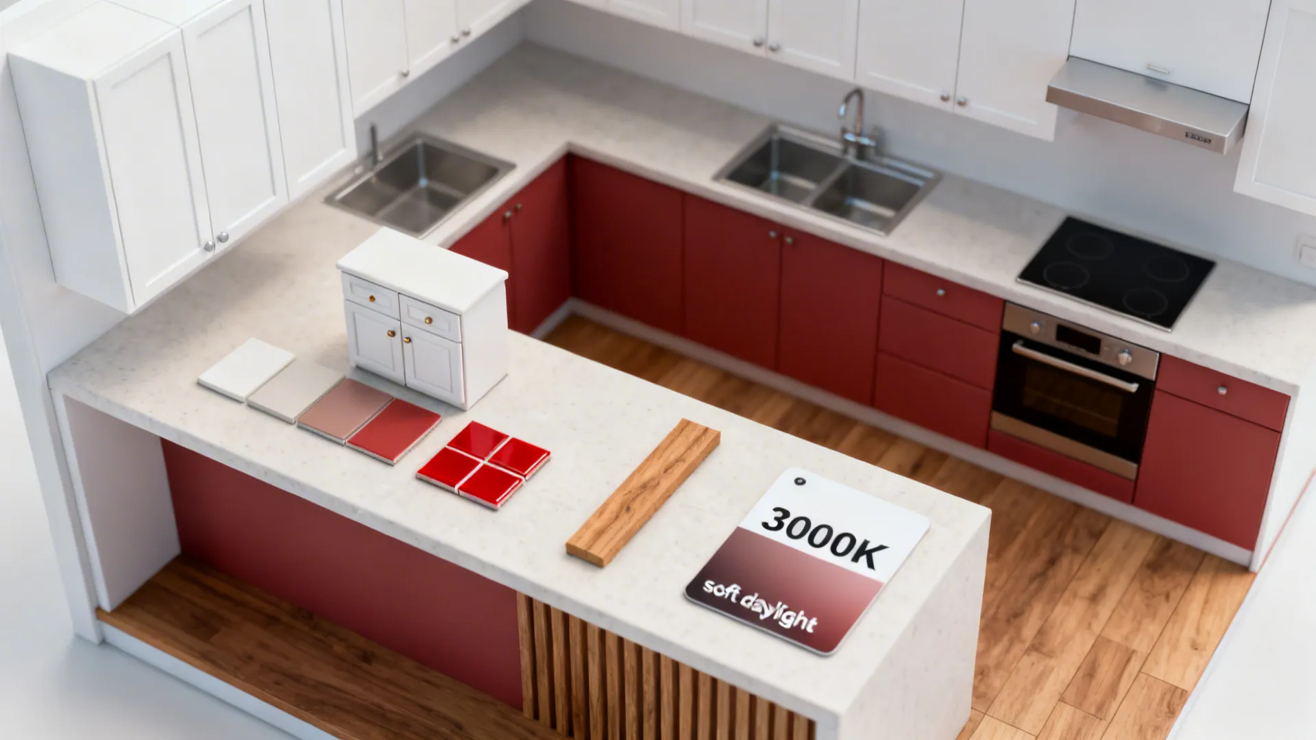 Top-down planning scene showing white, muted red, and wood samples arranged to map zones.