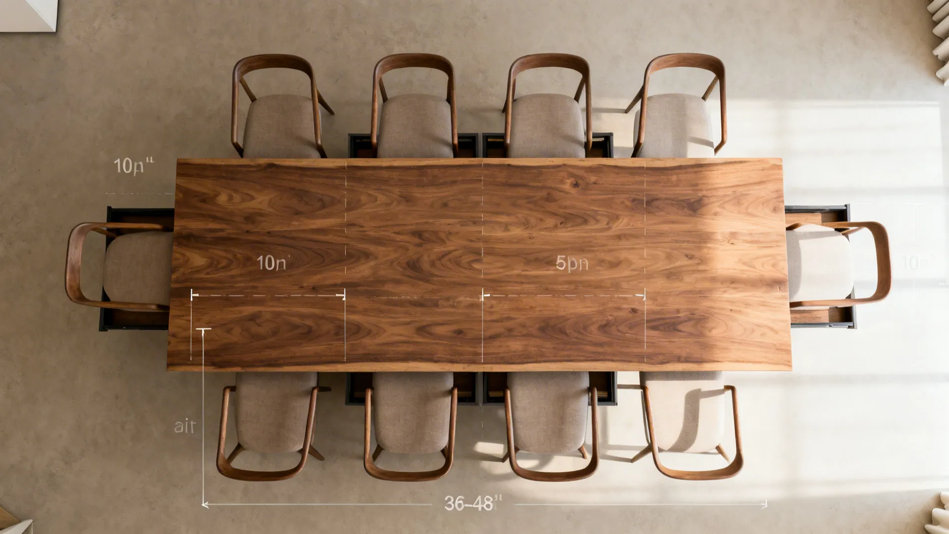 Top-down plan showing 10-seat table, chair pull-out zones, and generous circulation for a well-planned dining room.