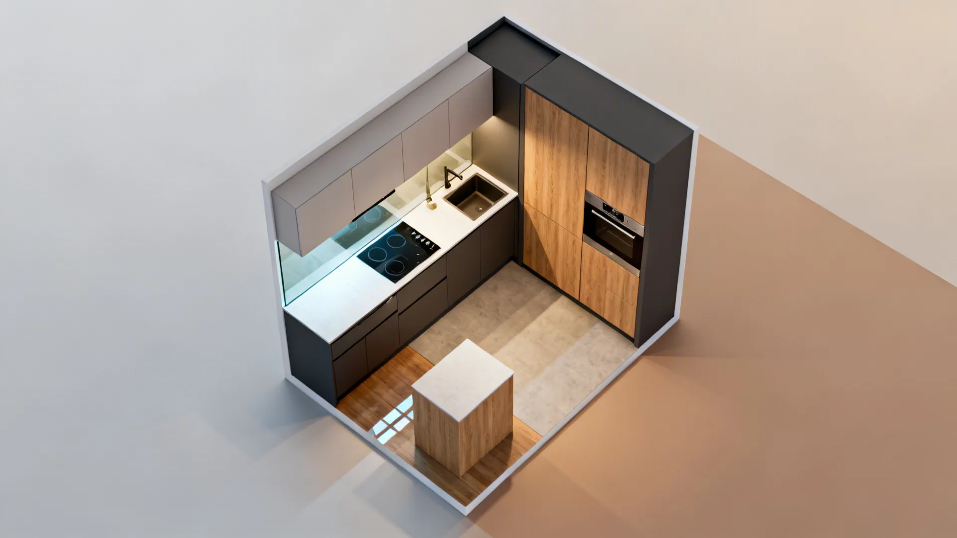 Top-down compact kitchen plan showing zones for five appliance strategies with cohesive materials.