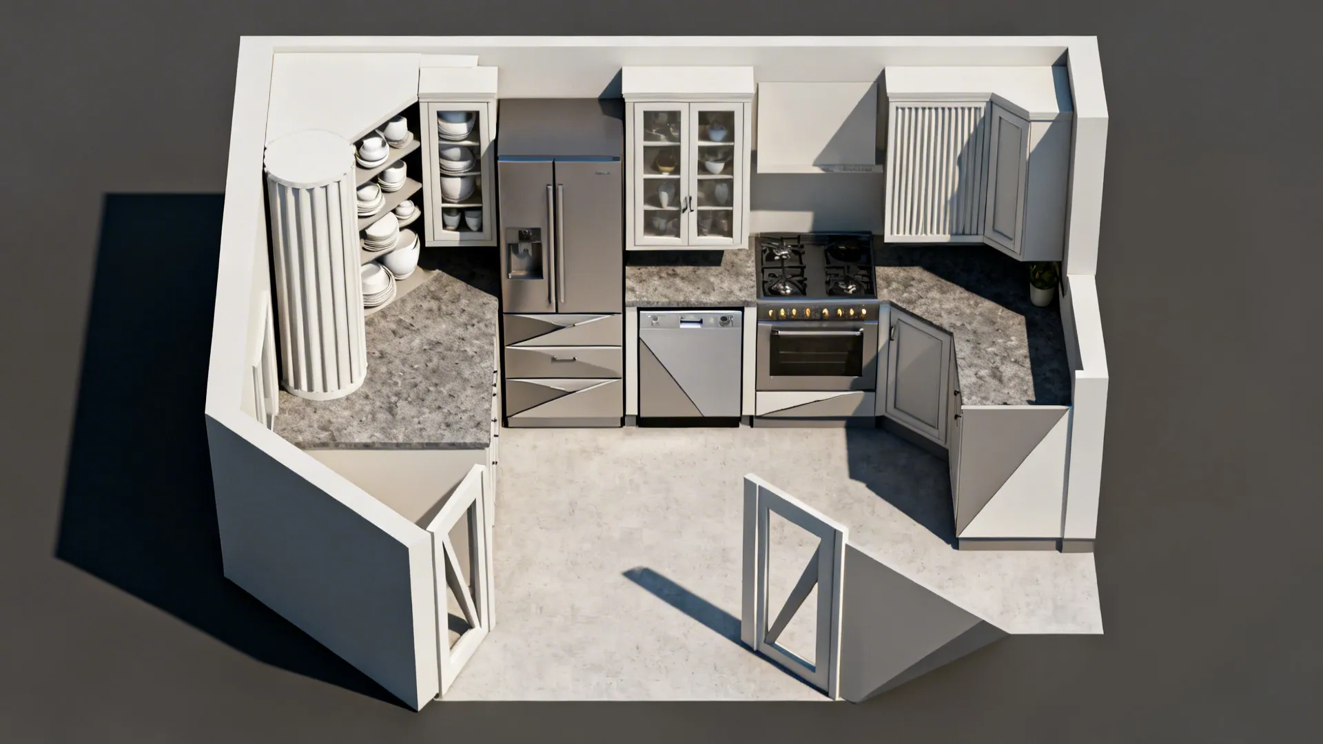 Top-down visual of a small kitchen plan highlighting five crockery-and-fridge pairing ideas.