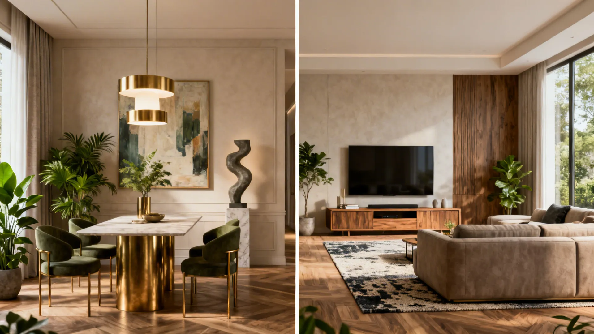 Modern room showing a formal art-focused zone beside a cozy media-focused zone.