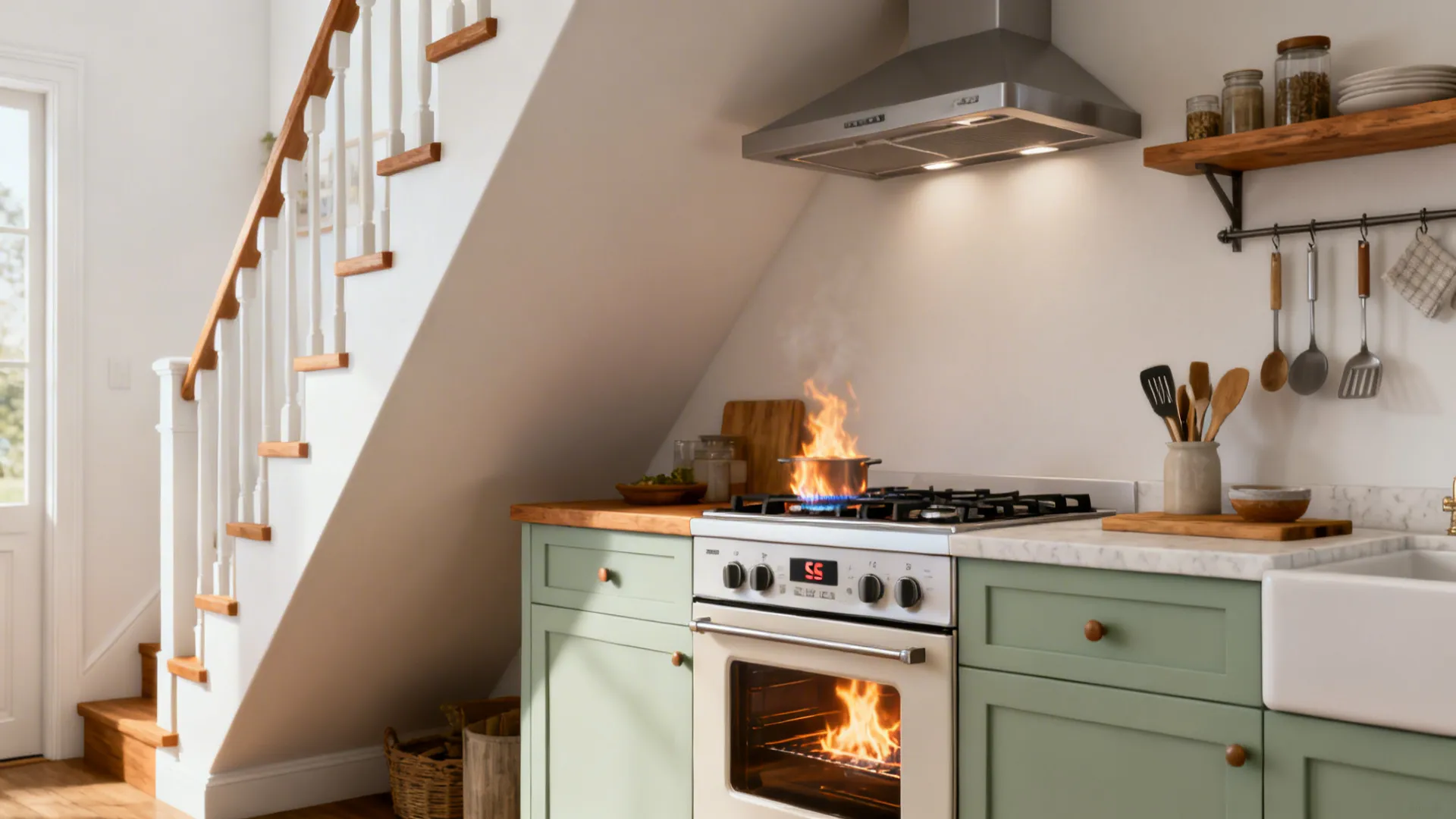 Clean under-stair kitchen montage with SE heat, strong venting, and grounded finishes.