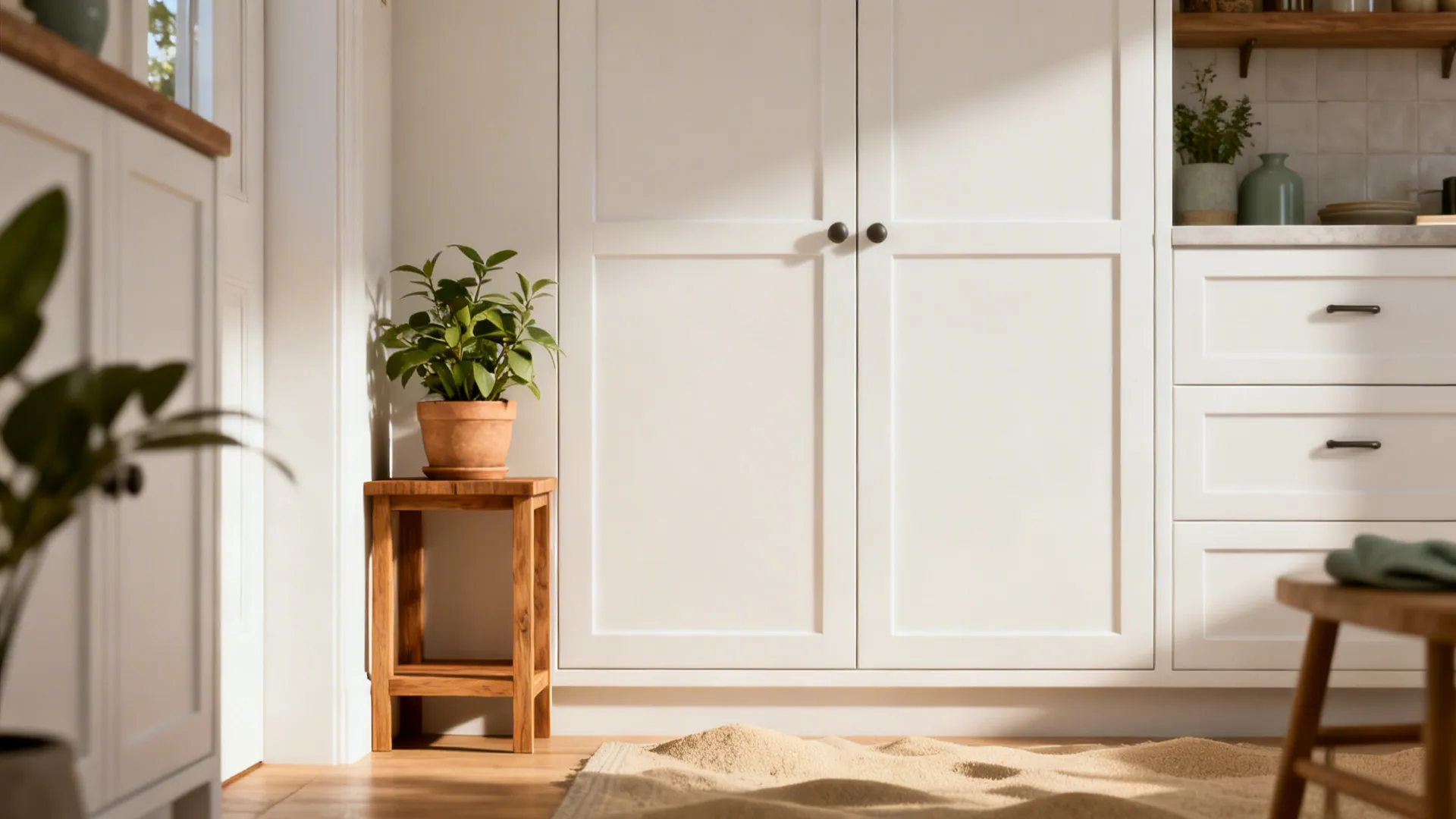 Compact kitchen vignette with warm whites, oak, and gentle sage accents in soft light.