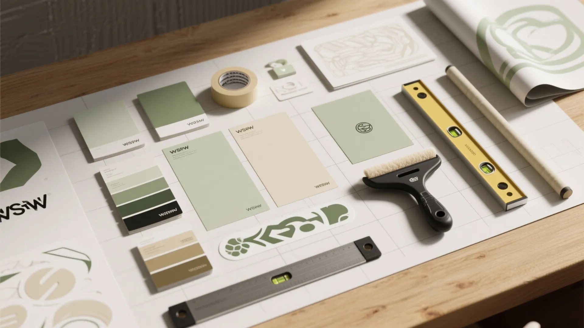 Interior design mood board with green color samples rulers and brush on a white desk