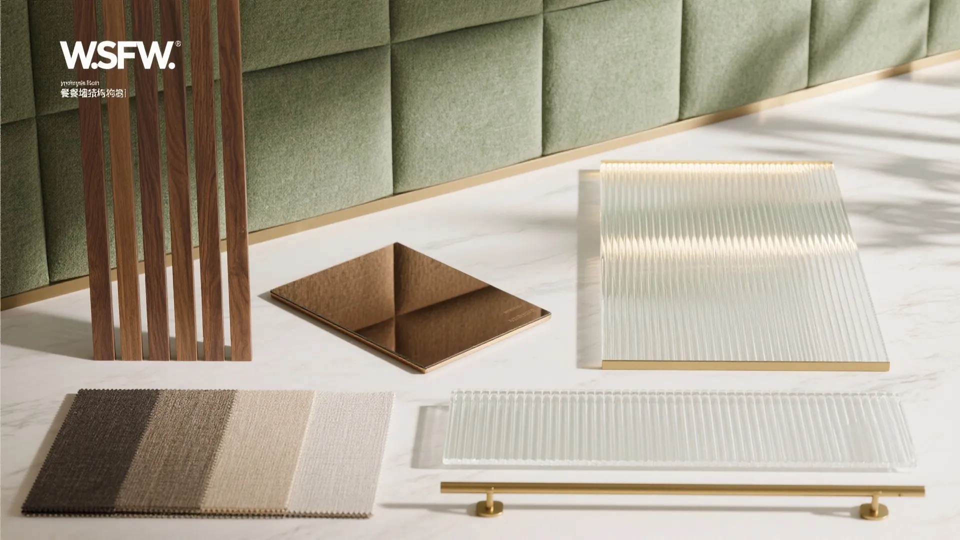 Flat lay showing wood slats bronze mirror fluted glass panels fabric samples and gold handle
