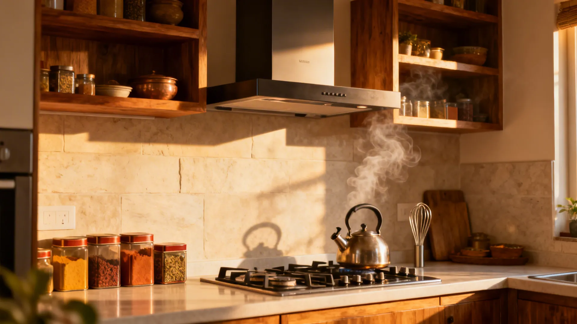 Warm compact kitchen with a discreet chimney and clean backsplash at golden hour.