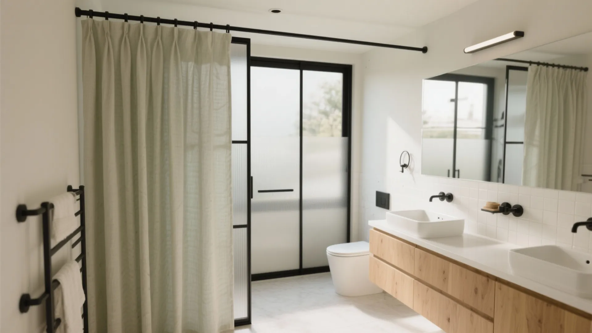 Cohesive compact bathroom with a ceiling track, ripple-fold sheers, lower-third frosted film, and a spa-neutral palette.